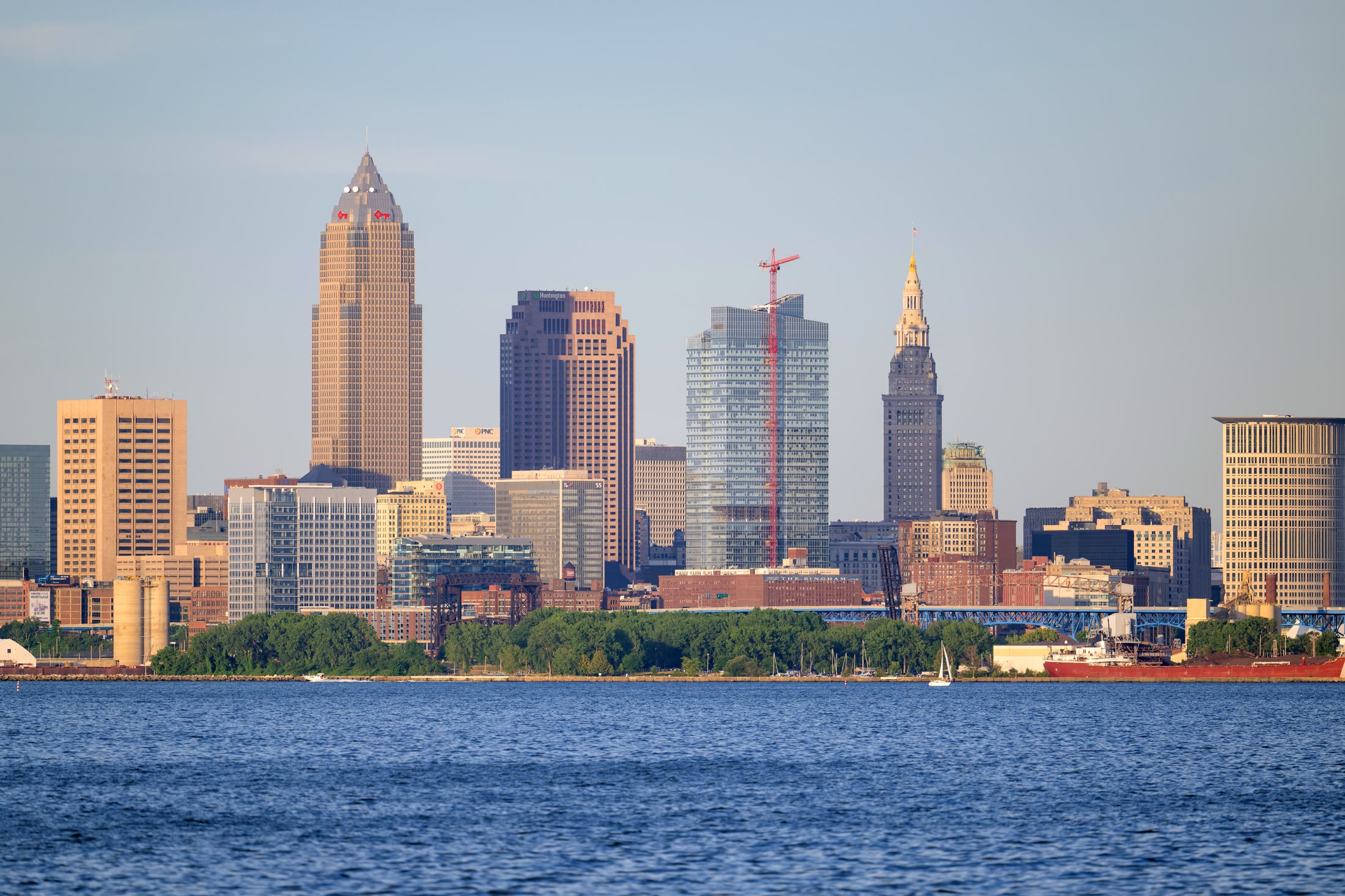 Cleveland skyline seen across Lake Erie from Lakewood Park